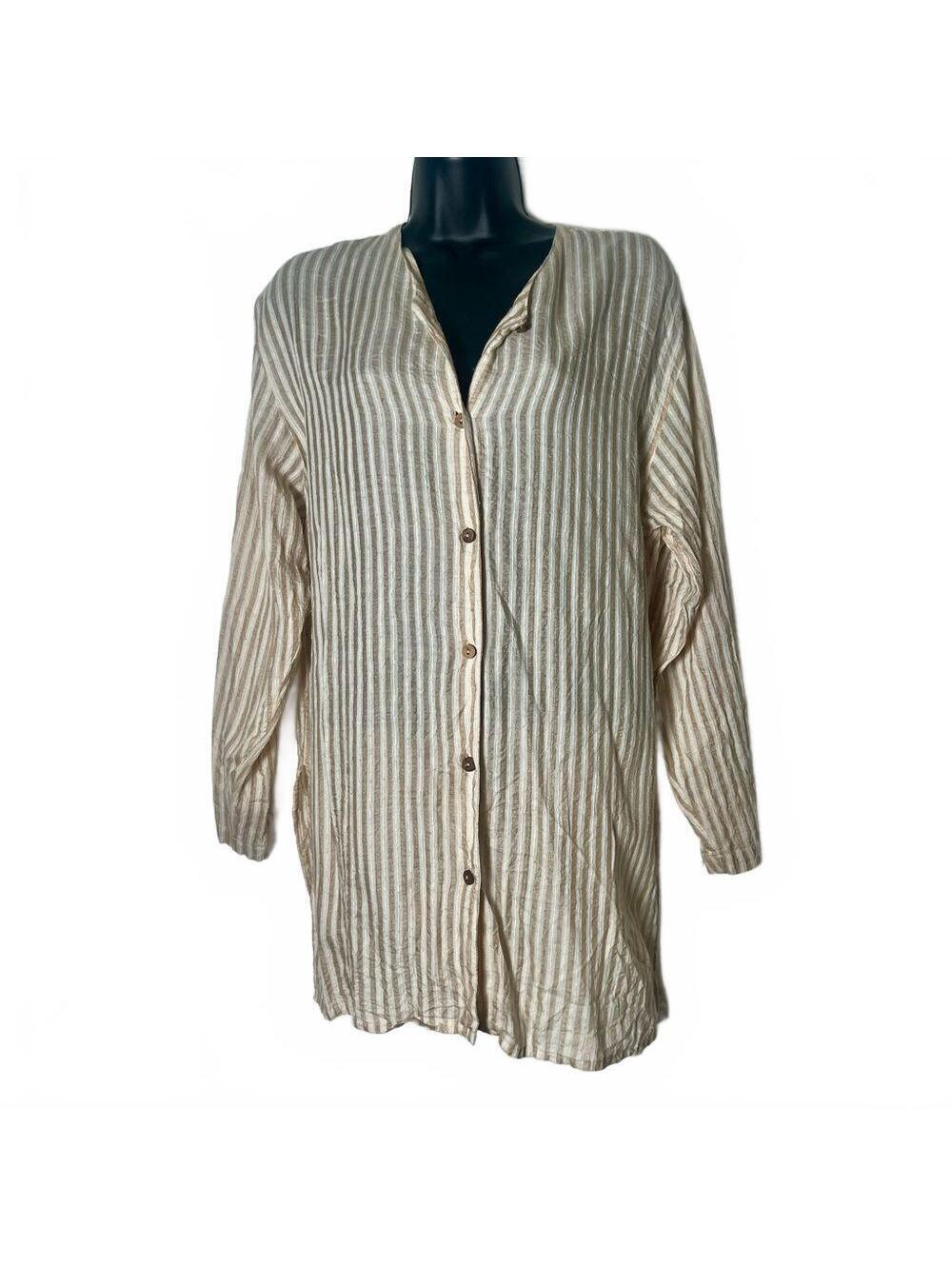 90s silk tunic Top Beige Cream Stripe Natural Button Down Split Hem Express M